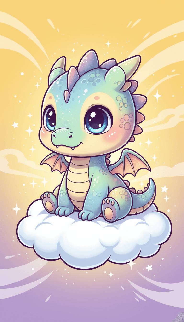 크고 반짝이는 눈을 가진 귀여운 아기 용 캐릭터가 솜털 구름 위에 앉아있는 모습.