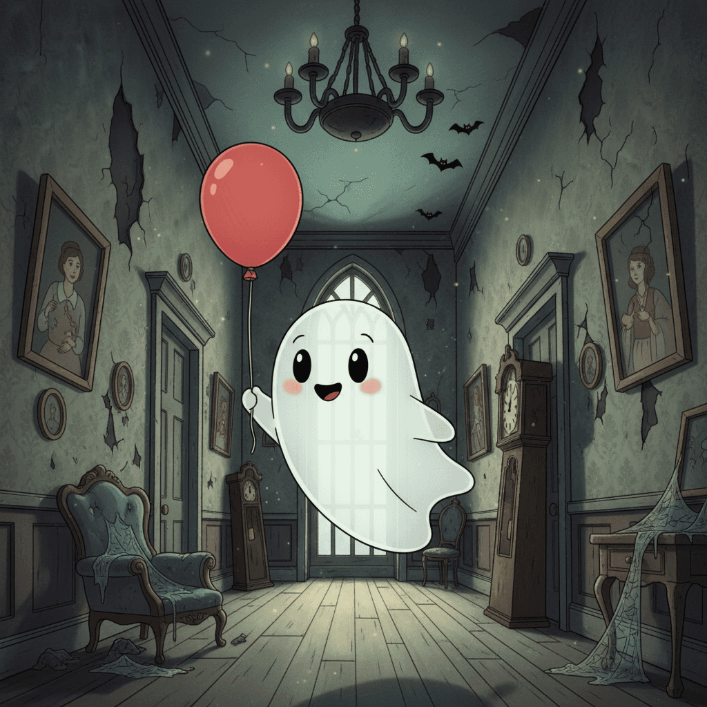 풍선을 들고 유령의 집 복도를 즐겁게 떠다니는 작고 귀여운 유령 캐릭터, 만화 애니메이션 스타일.