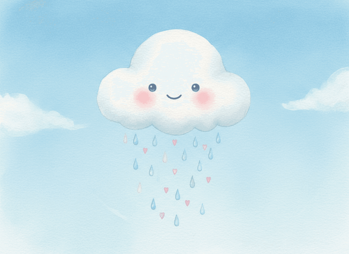 부드러운 미소를 짓고 하트 모양 빗방울을 떨어뜨리는 귀여운 구름 캐릭터.