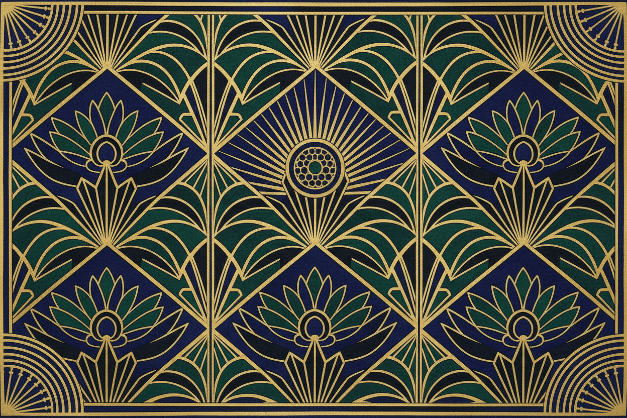 기하학적 대칭과 금색 악센트가 돋보이는 아르데코 스타일 꽃 패턴 일러스트.