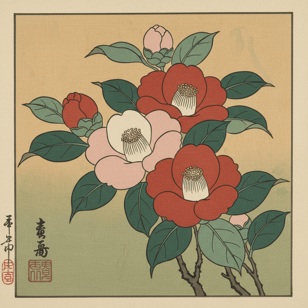 대담한 그래픽 형태와 제한된 색상 팔레트가 특징인 일본 목판화 스타일의 동백꽃 일러스트, 우아하고 간결한 느낌.