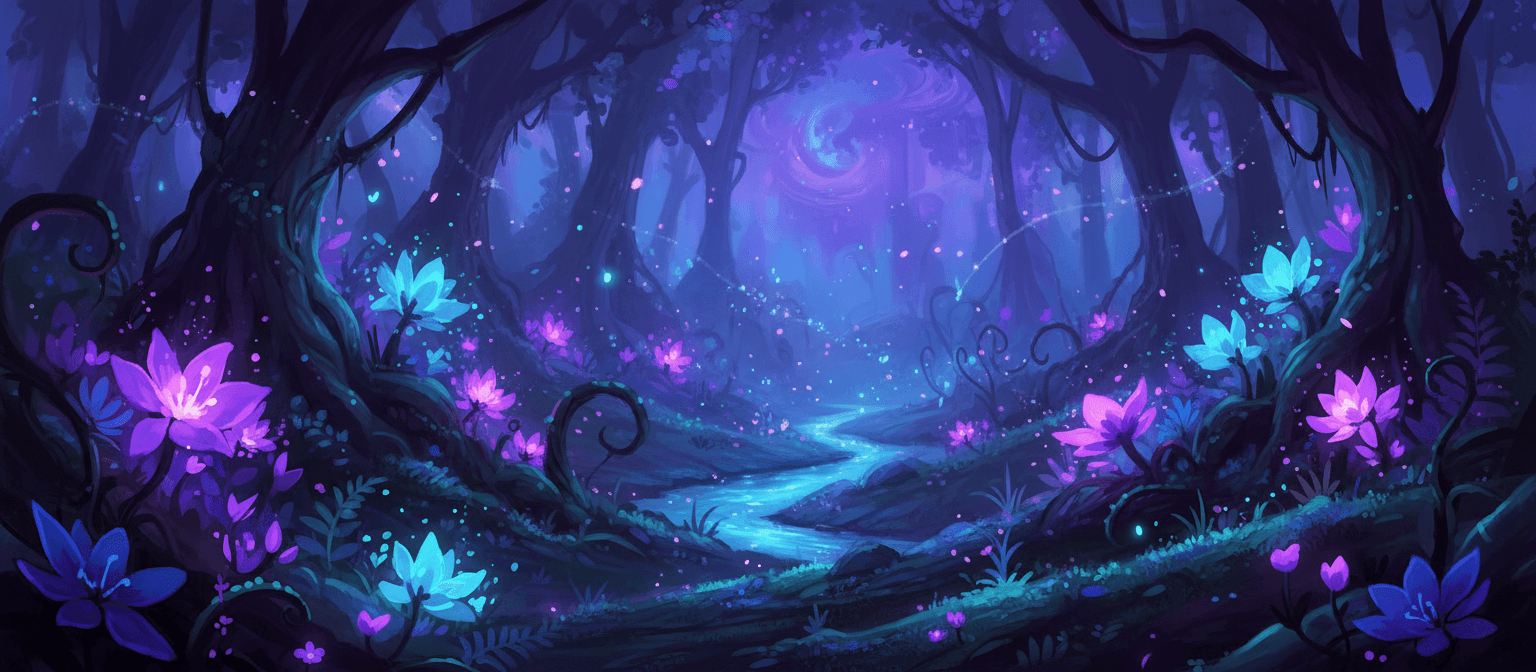 어스름한 숲 속에서 빛나는 생체 발광 꽃들의 환상적인 일러스트.