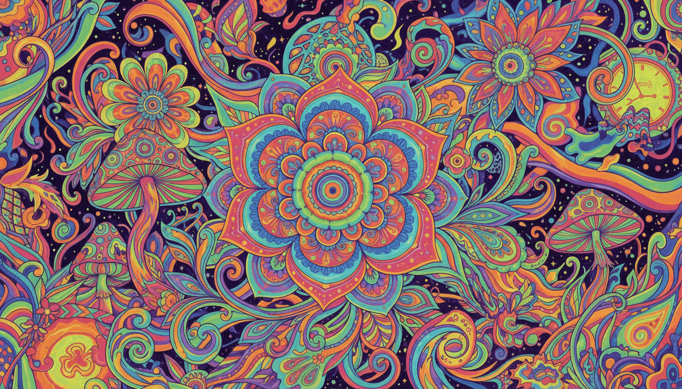 빛나는 네온 색상과 복잡한 패턴, 소용돌이치는 요소로 1970년대 느낌을 주는 환각적인 꽃 일러스트.