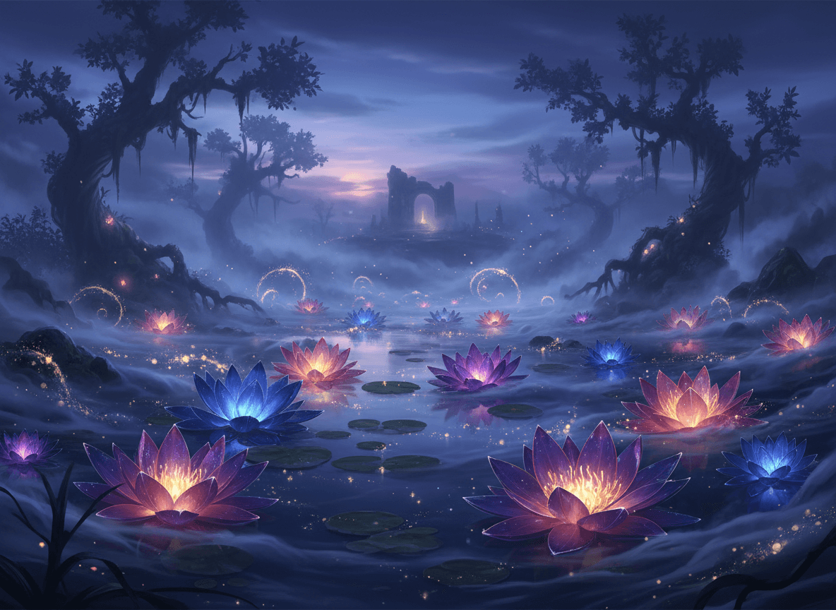 신비로운 분위기의 빛나는 연꽃 디지털 일러스트.