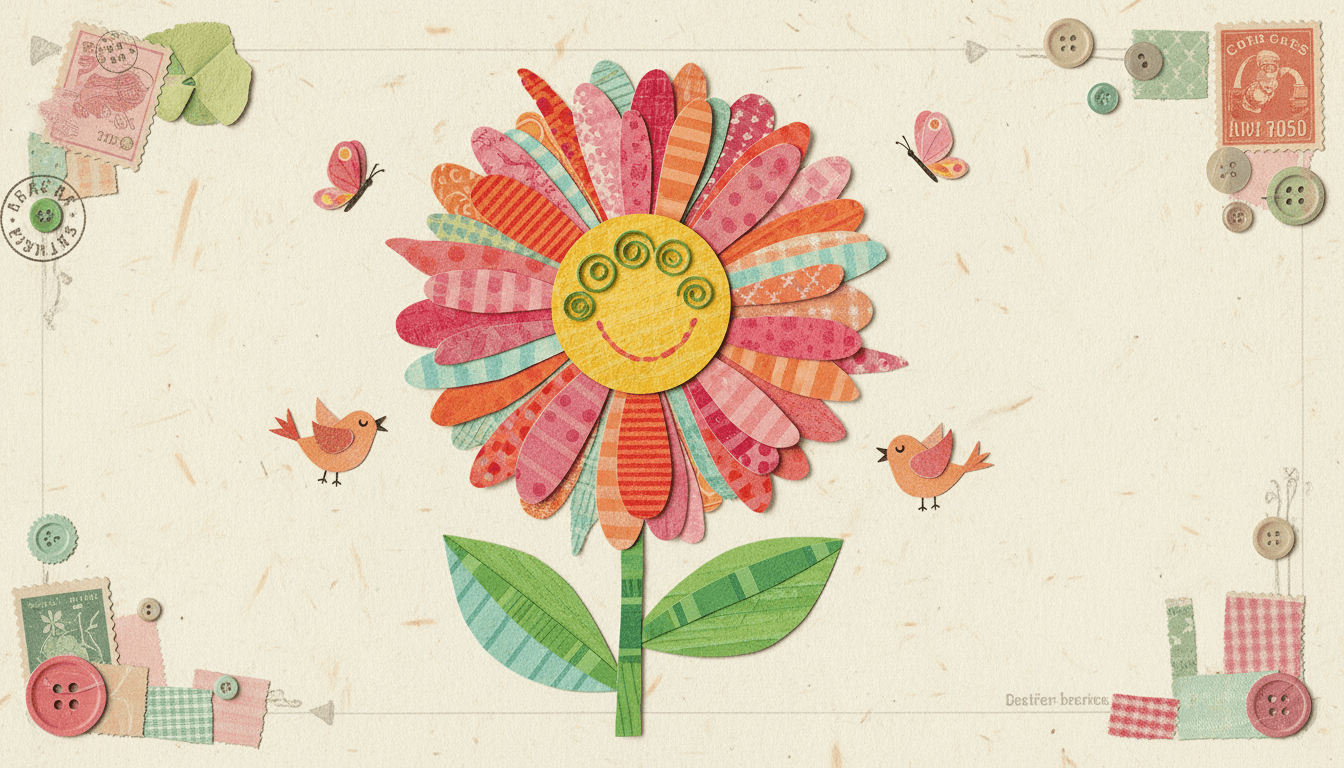 질감 있는 레이어와 겹치는 형태가 특징인 즐겁고 독창적인 컷 페이퍼 콜라주 스타일 꽃 일러스트.