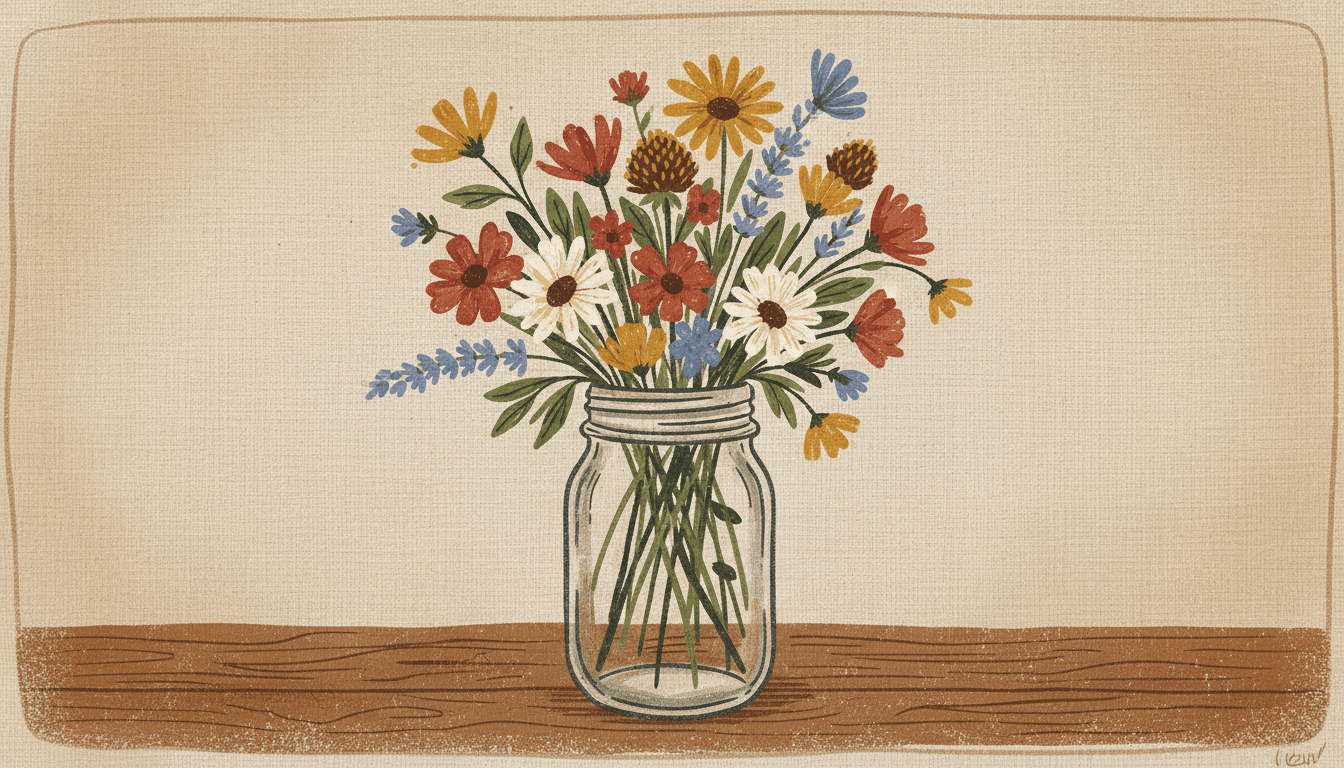 유리병에 담긴 들꽃의 소박한 민속 예술 일러스트.