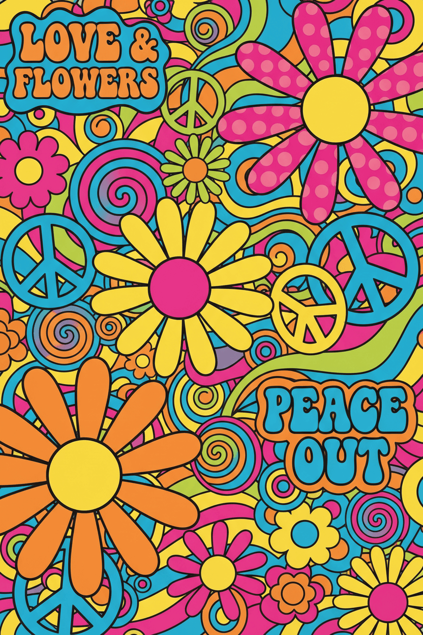 굵은 윤곽선과 생생한 플랫 사이키델릭 색상이 특징인 1960년대 레트로 팝아트 꽃 일러스트.