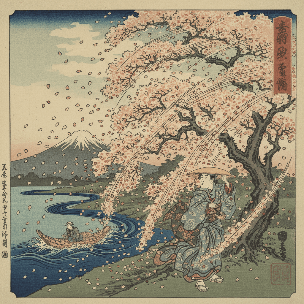 떨어지는 벚꽃을 일본 우키요에 스타일로 그린 일러스트.