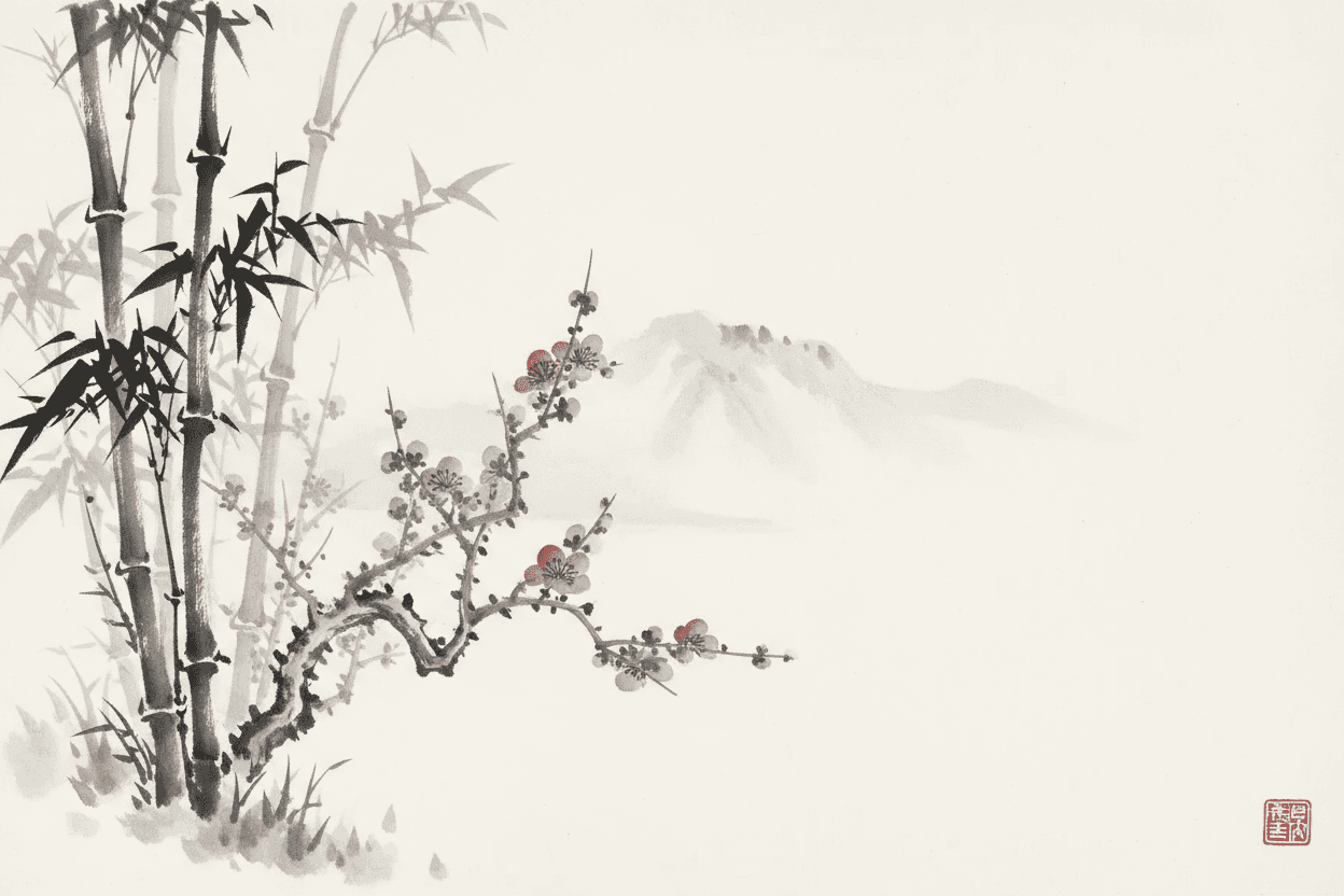 대나무와 매화꽃을 묘사한 미니멀하고 우아한 수묵화 (수미에) 일러스트.