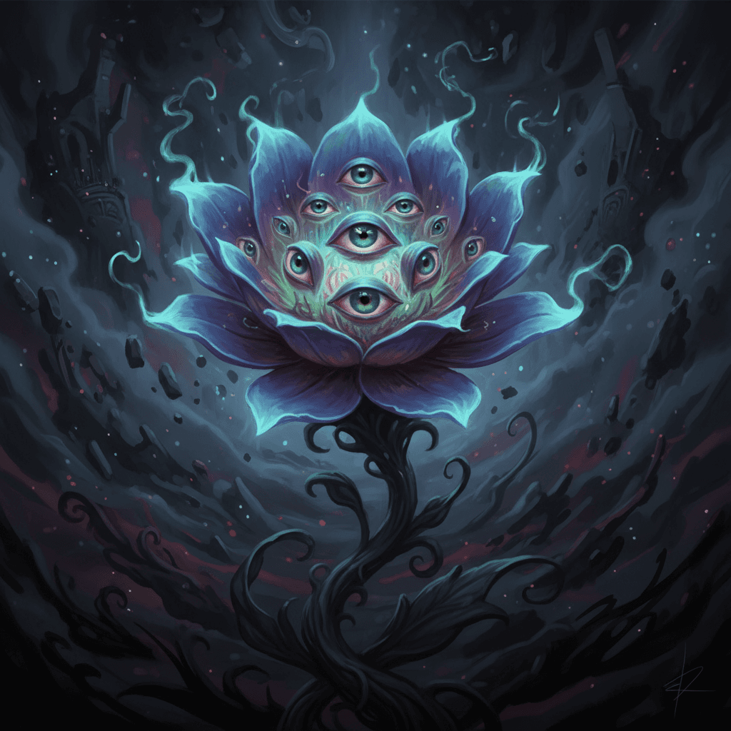 눈이 마주보는 기이한 꽃의 초현실적인 일러스트.