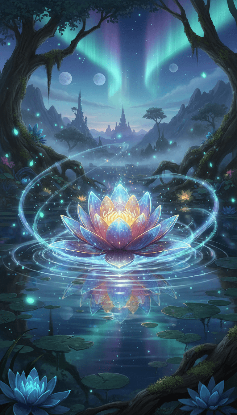 신비로운 연못에 핀 빛나는 마법 연꽃의 환상 일러스트.