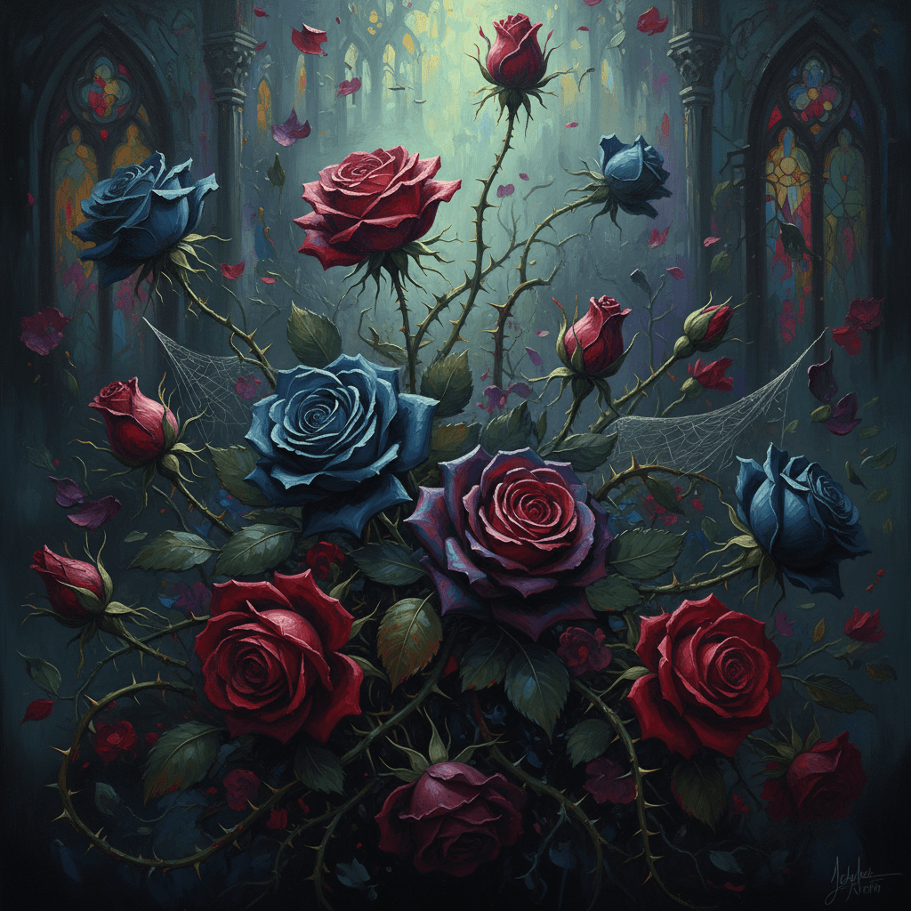 짙은 보석 톤의 어두운 장미와 가시가 있는 미스터리하고 극적인 고딕 꽃 일러스트, 유화 질감.