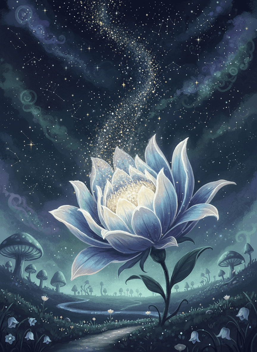 별빛 아래 피어나는 마법의 꽃을 반짝이 효과와 함께 담은 매혹적인 동화책 일러스트.