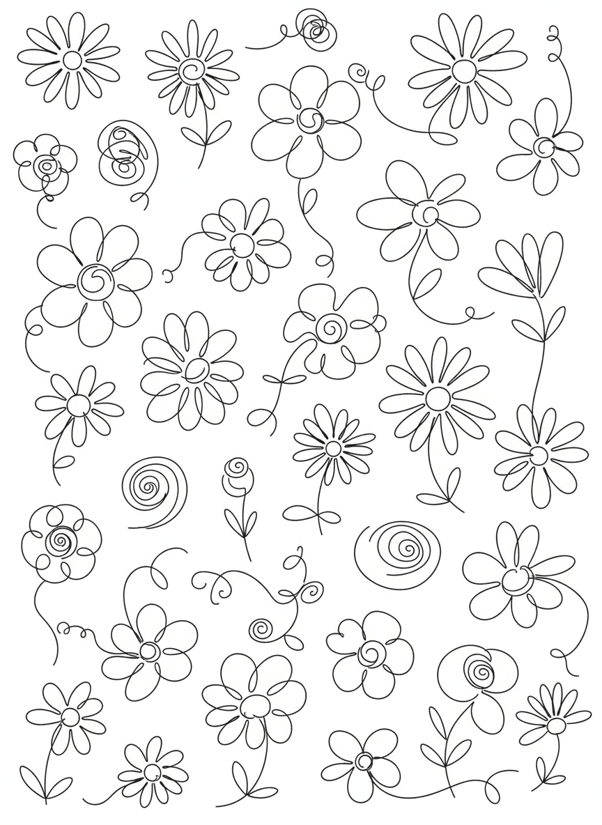 흑백으로 무작위로 흩어져 있는 손으로 그린 낙서 스타일의 꽃 일러스트, 장난스럽고 자연스러운 느낌.