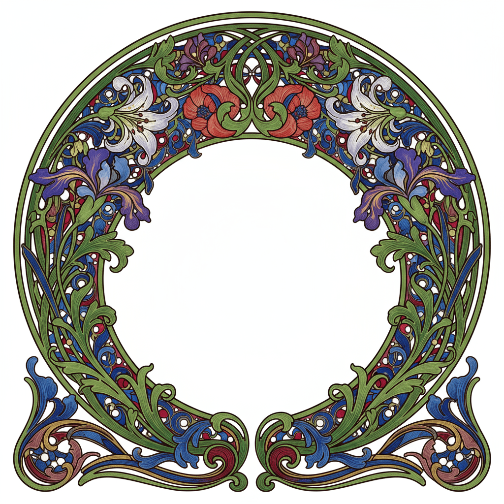 우아한 곡선과 풍부한 보석 톤이 특징인 복잡한 아르누보 스타일의 꽃 테두리 일러스트.