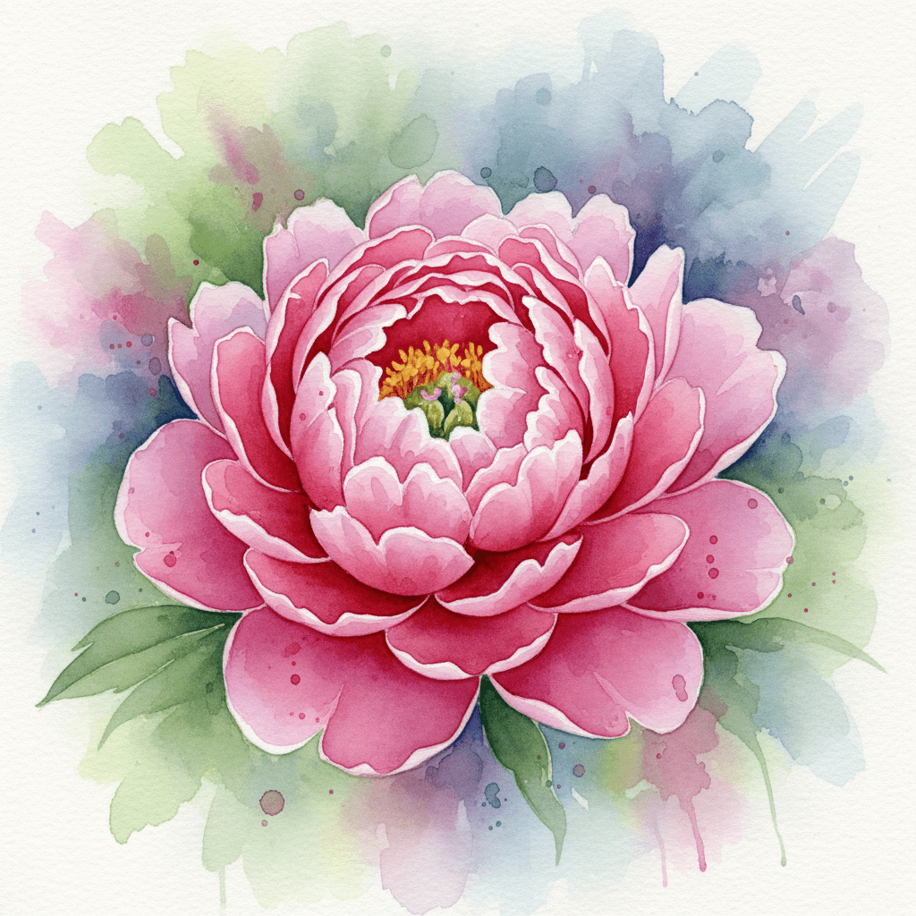 활기찬 수채화로 피어나는 모란 꽃 일러스트.
