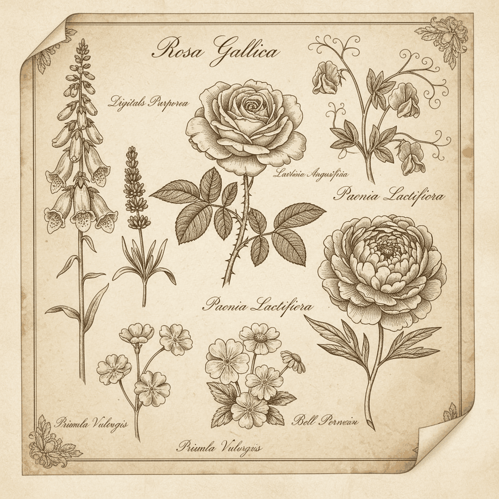 다양한 정원 꽃의 빈티지 식물학 일러스트.