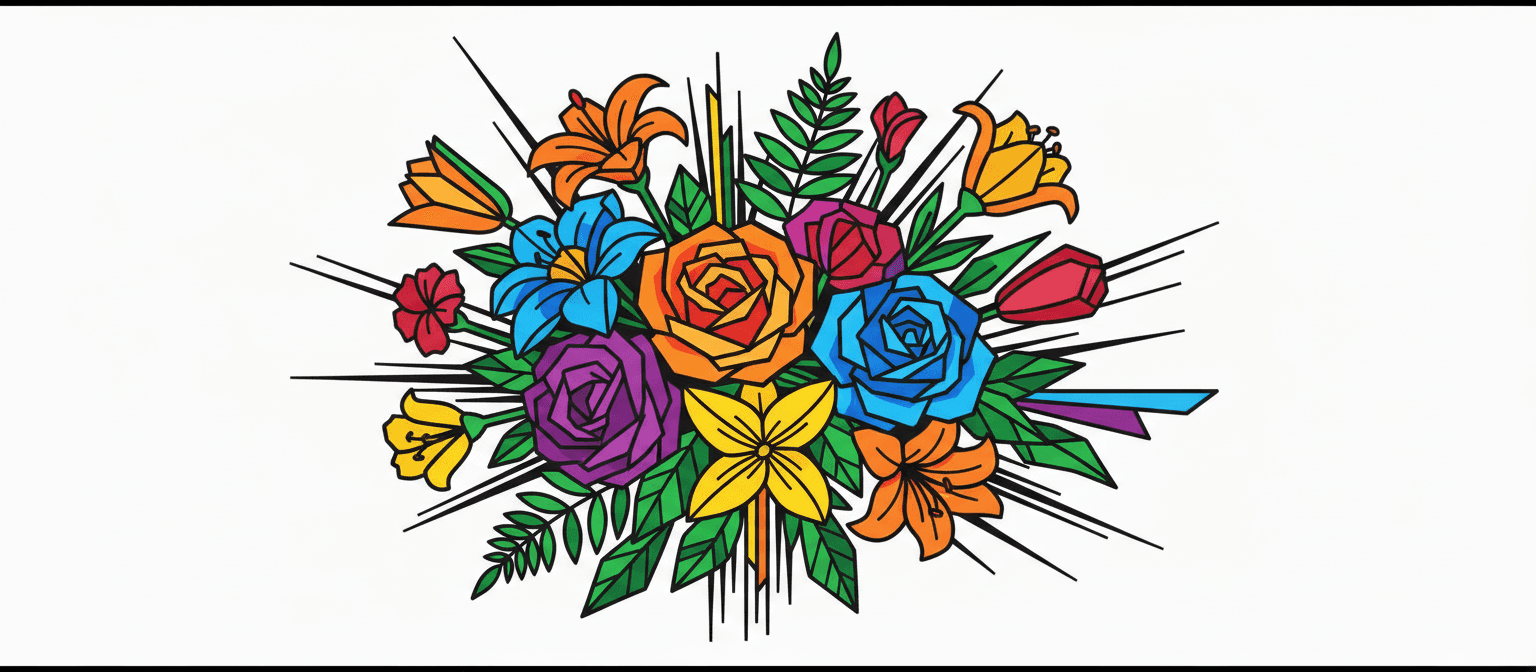 다채로운 대비 색상의 기하학적 추상 꽃 일러스트.