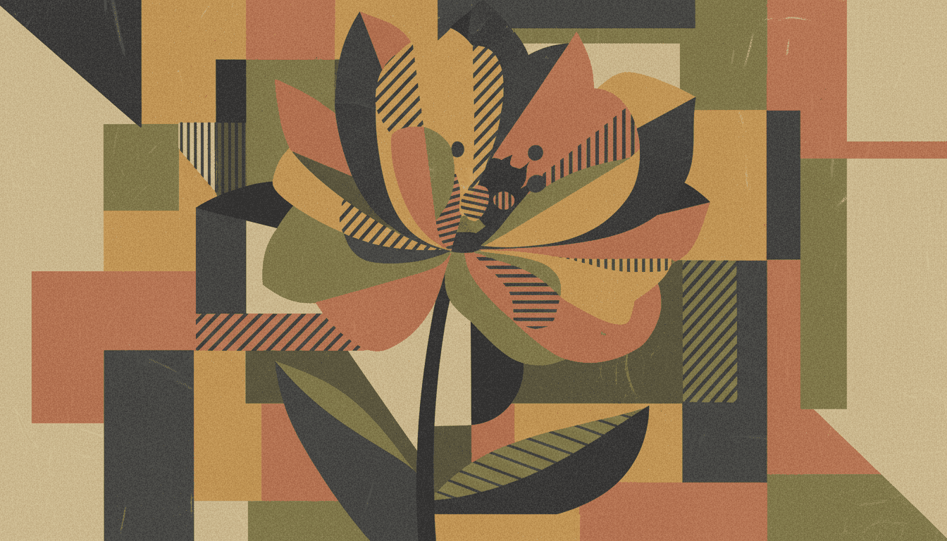 분열되고 기하학적인 형태로 표현된 큐비스트 꽃 일러스트.