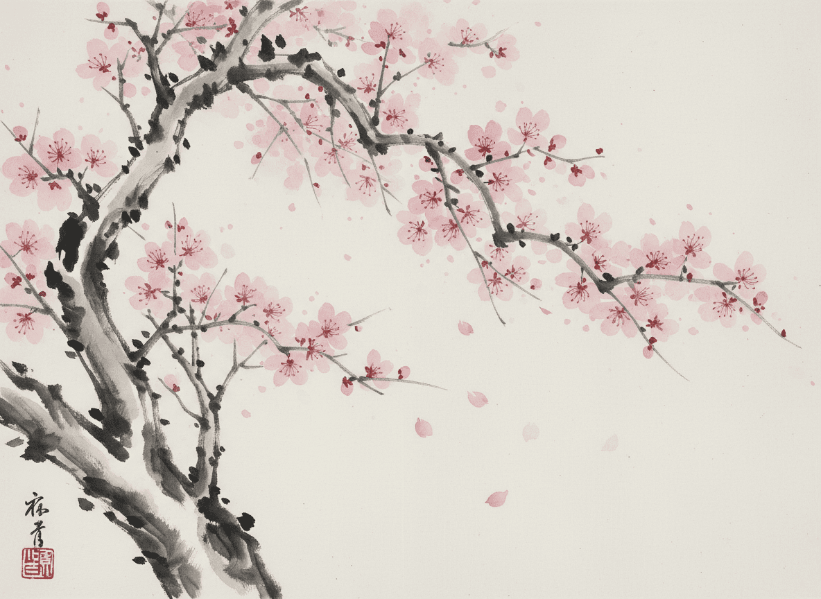 벚꽃을 그린 일본 수묵화 일러스트.