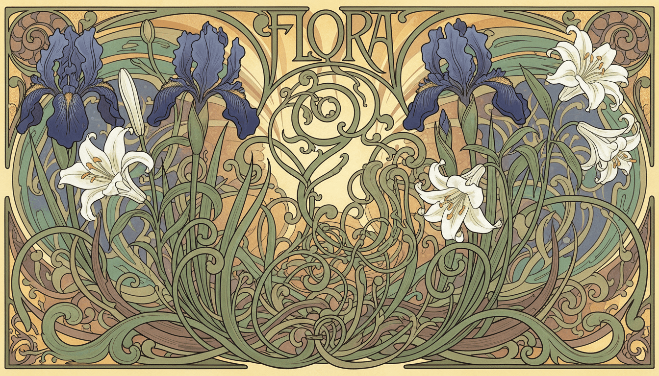 아르누보 양식의 붓꽃과 백합 일러스트.