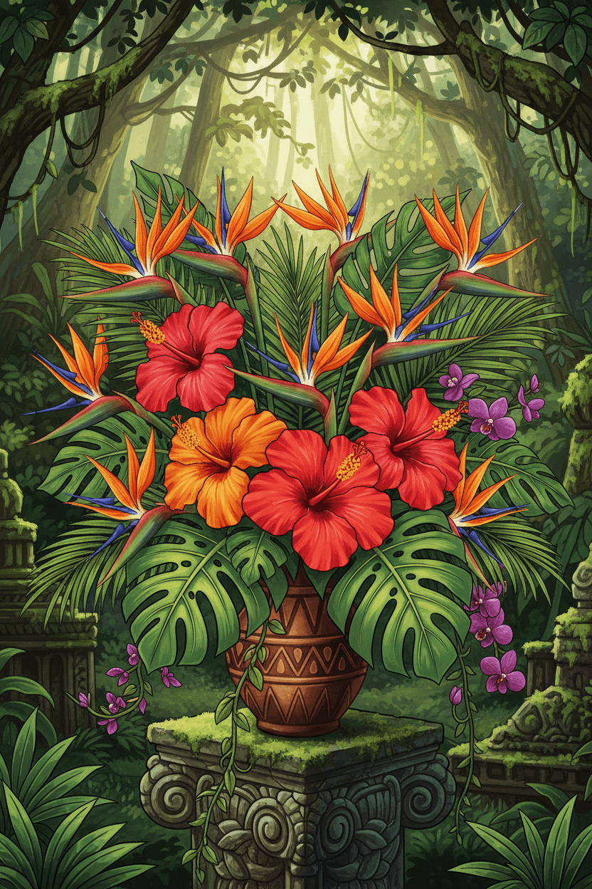 히비스커스와 몬스테라 잎이 있는 화려한 열대 꽃다발 디지털 일러스트.