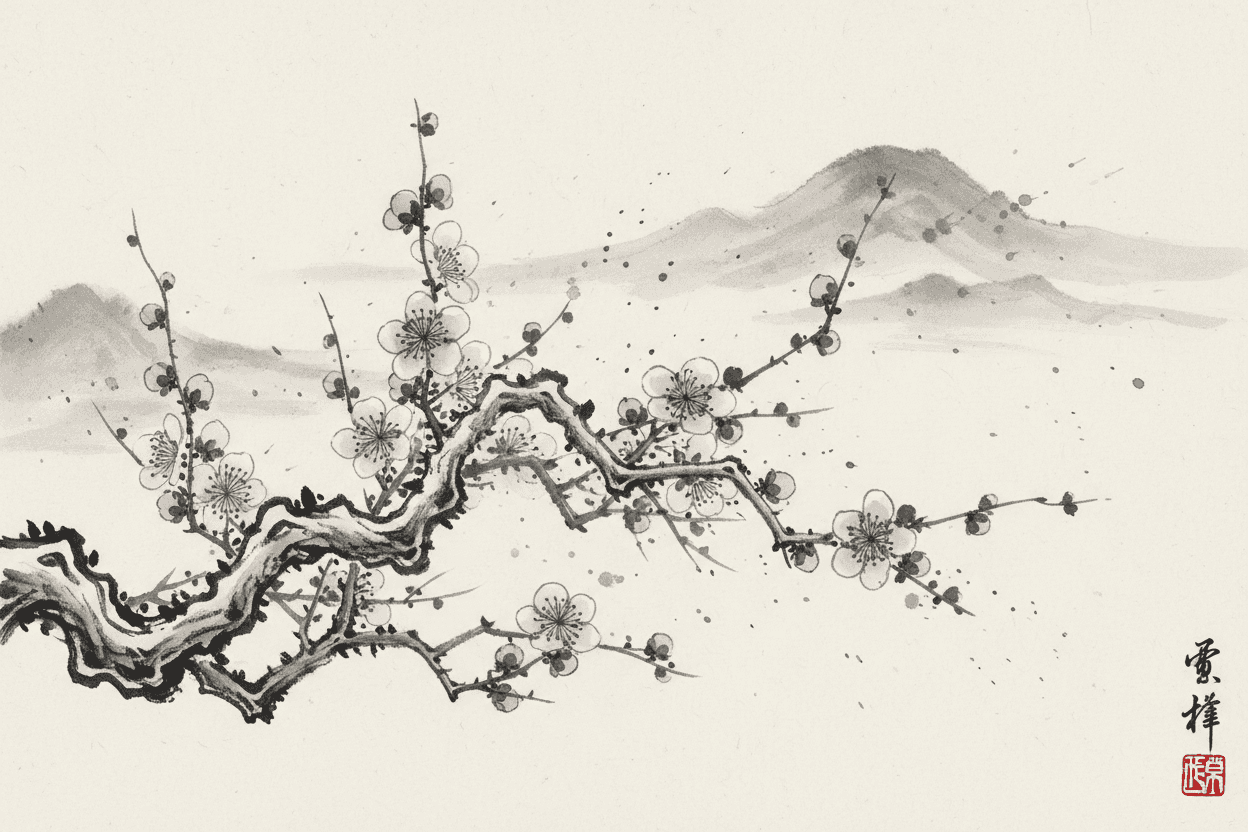 매화나무 가지를 그린 수묵화 스타일 일러스트.