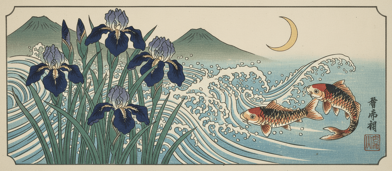 플랫한 색상과 강한 윤곽선이 특징인 우아한 붓꽃과 흐르는 물을 그린 우키요에 스타일 꽃 일러스트.