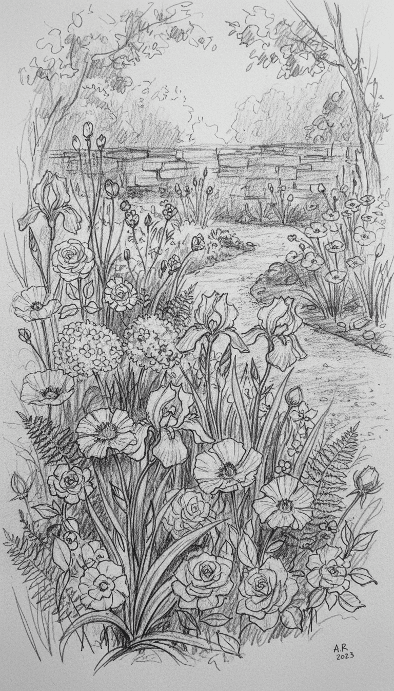 느슨하고 표현적인 선으로 이루어진 흑백 연필 스케치, 예술적이고 관찰적인 느낌의 다양한 꽃 정원 일러스트.