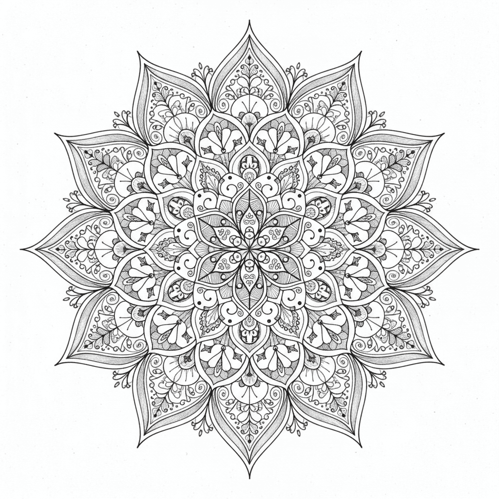 흰색 배경에 검은색 잉크로 정교하고 대칭적으로 표현된 복잡한 만다라 꽃 일러스트, 명상적인 느낌.