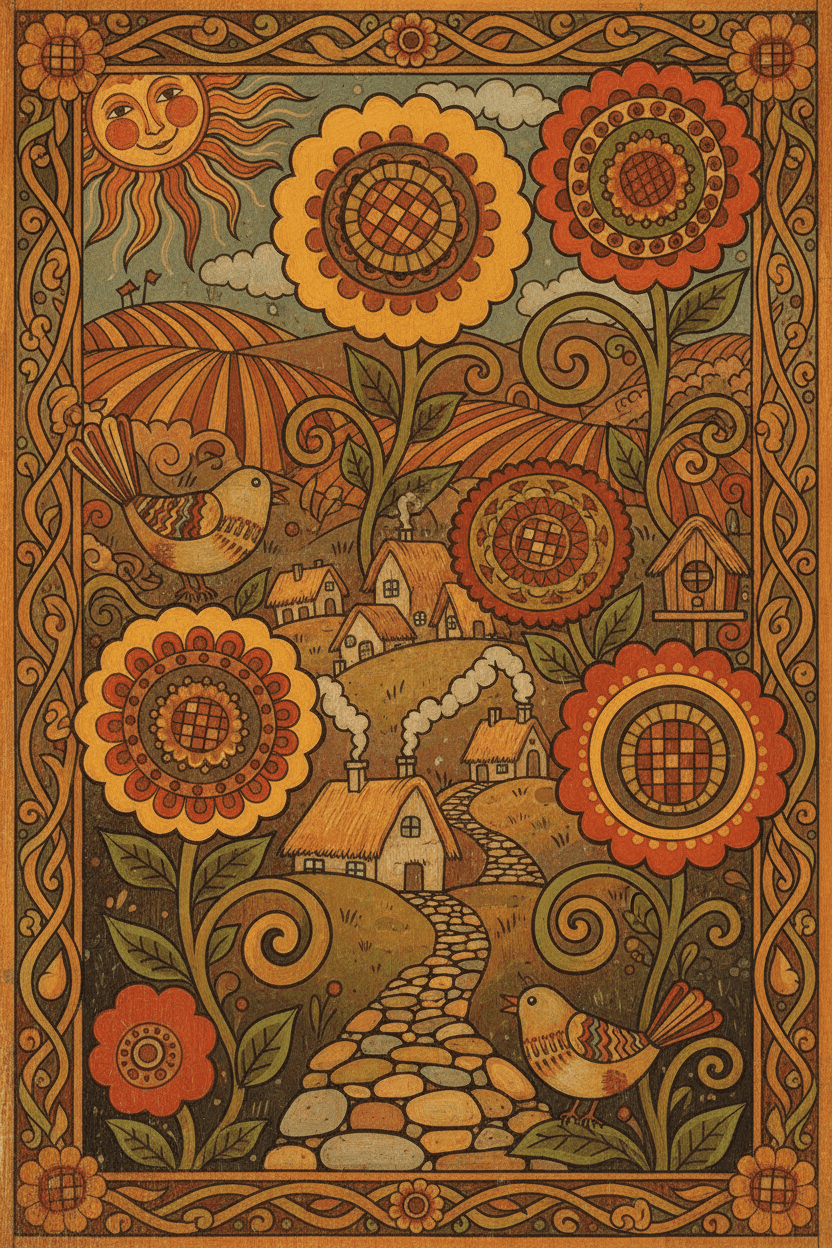 양식화된 꽃과 새들이 있는 소박한 정원 풍경을 묘사한 매력적인 민속 예술 일러스트.