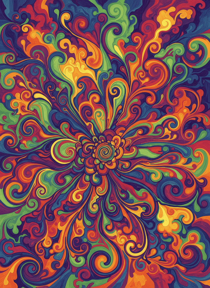현란한 색상과 추상적인 모양의 사이키델릭 꽃 일러스트.