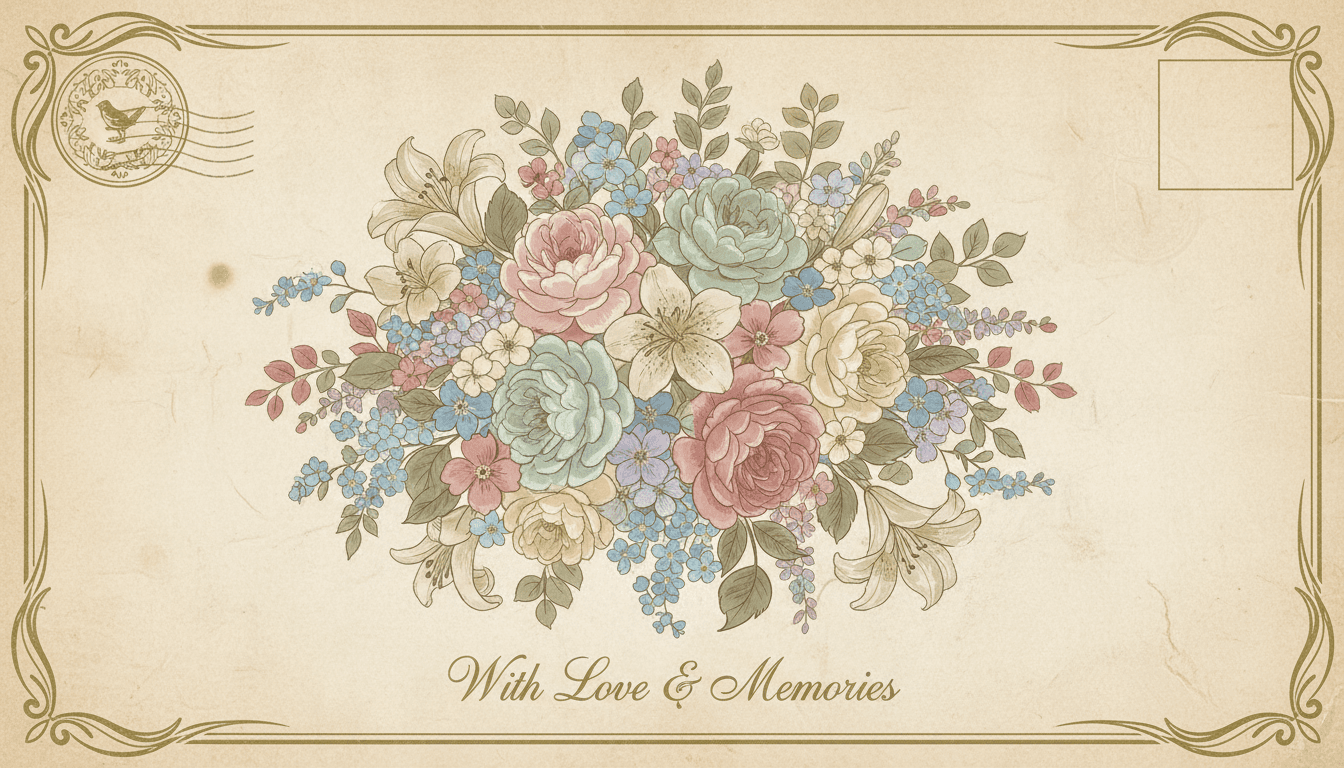 바랜 종이 질감이 있는 섬세한 파스텔 톤 빈티지 꽃다발 일러스트, 고전적이고 로맨틱한 분위기.
