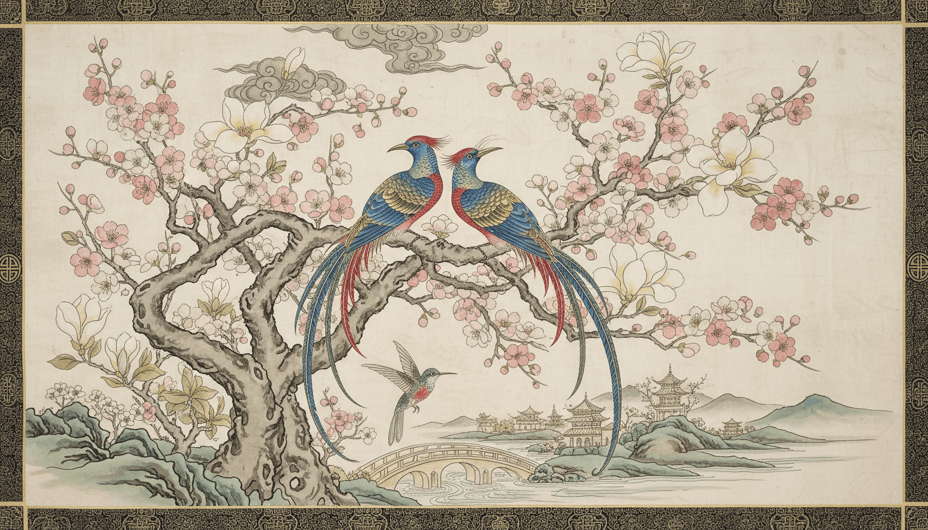 이국적인 새와 꽃나무 가지를 그린 시누아즈리 스타일 일러스트.