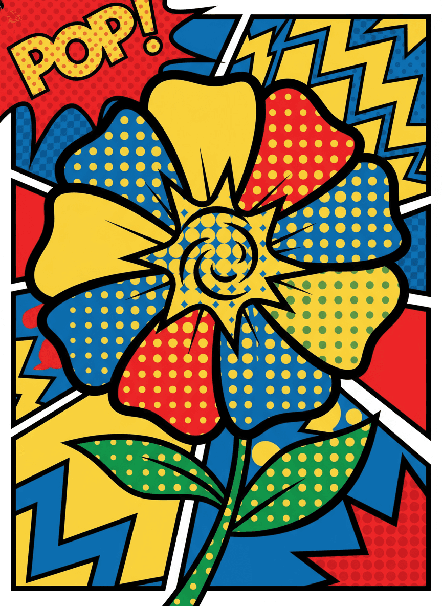 강렬한 색상의 꽃을 묘사한 팝아트 일러스트.