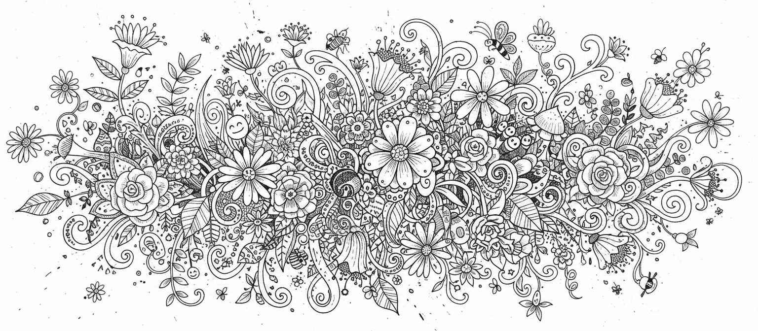 다양한 꽃을 유쾌하게 그린 낙서 예술 일러스트.