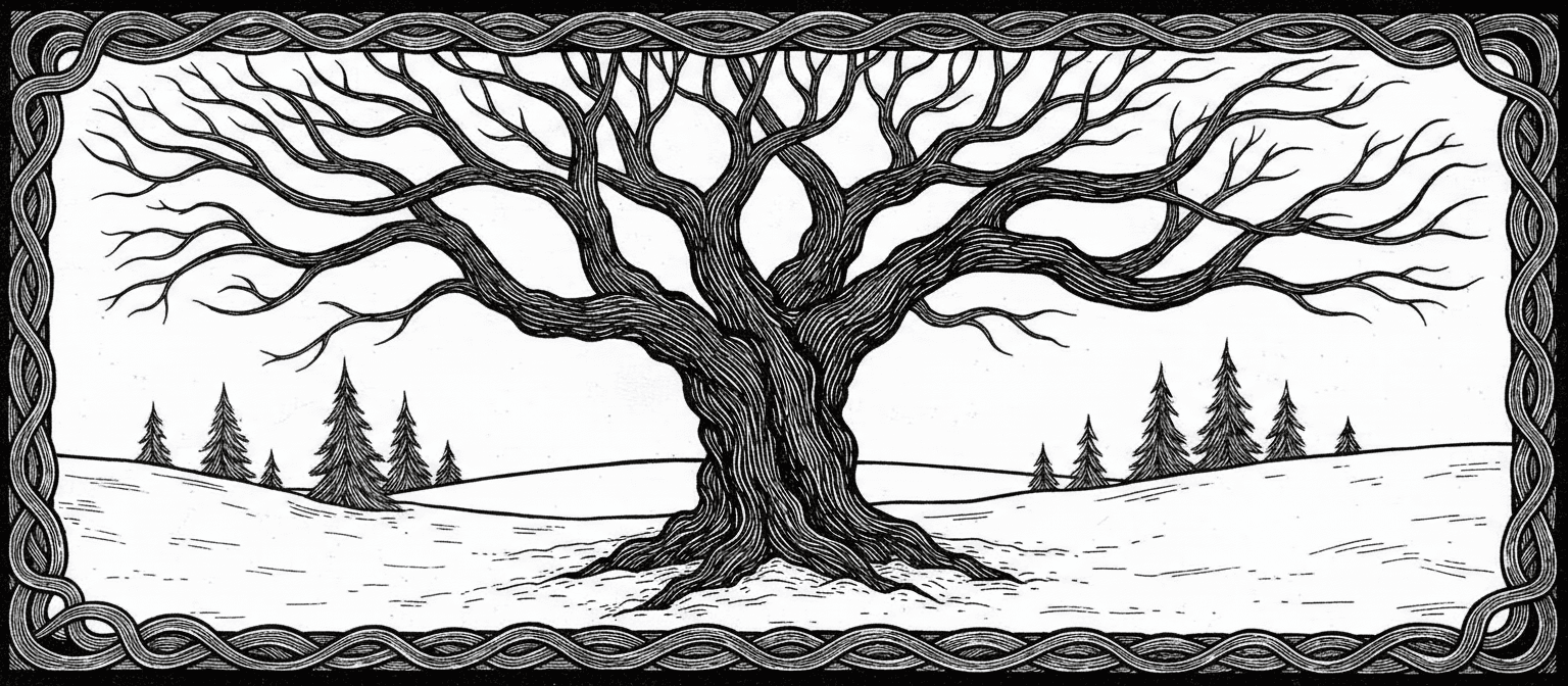 눈 덮인 풍경에 앙상한 가지가 드러난 겨울 나무의 목판화 스타일 일러스트레이션.