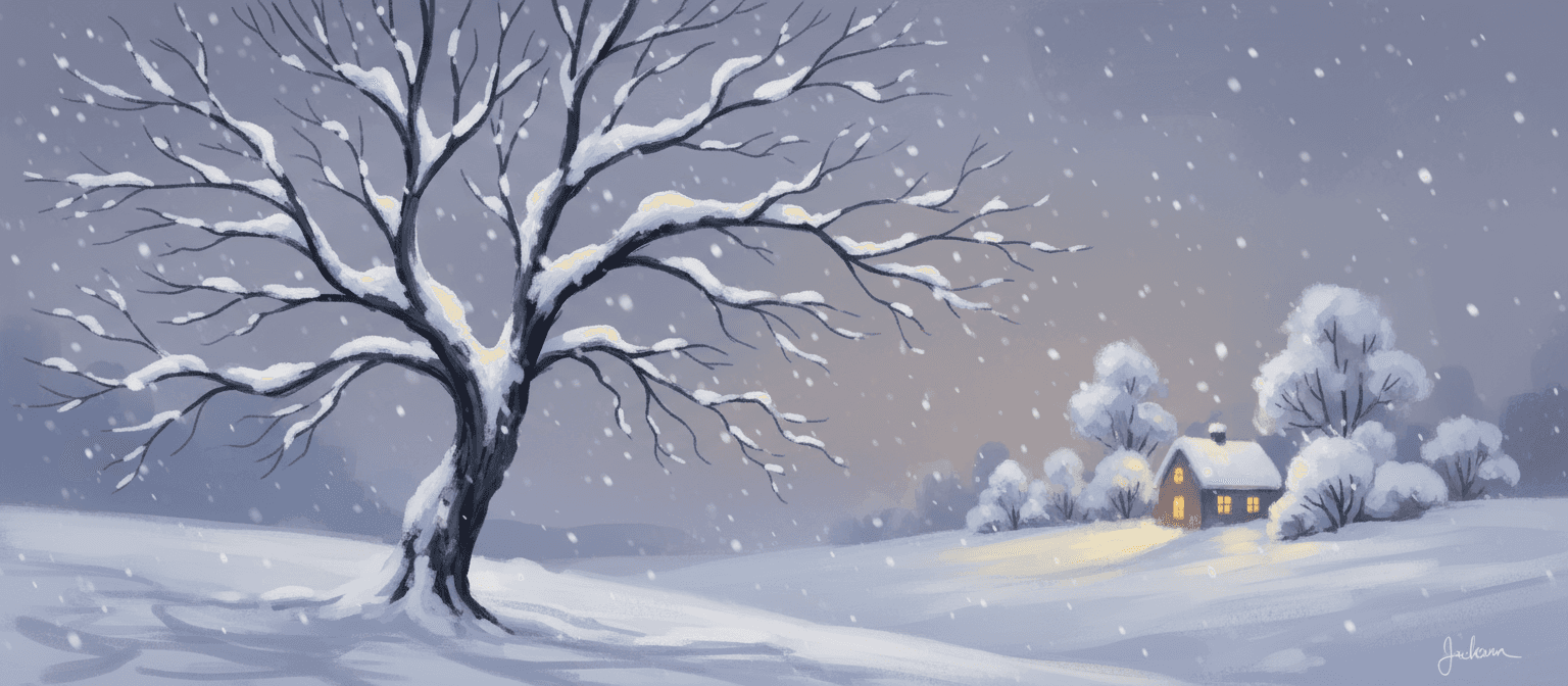 눈 덮인 앙상한 가지의 겨울 나무 일러스트, 멀리서 오는 아늑한 집의 따뜻한 불빛, 조용하고 평온한 분위기.