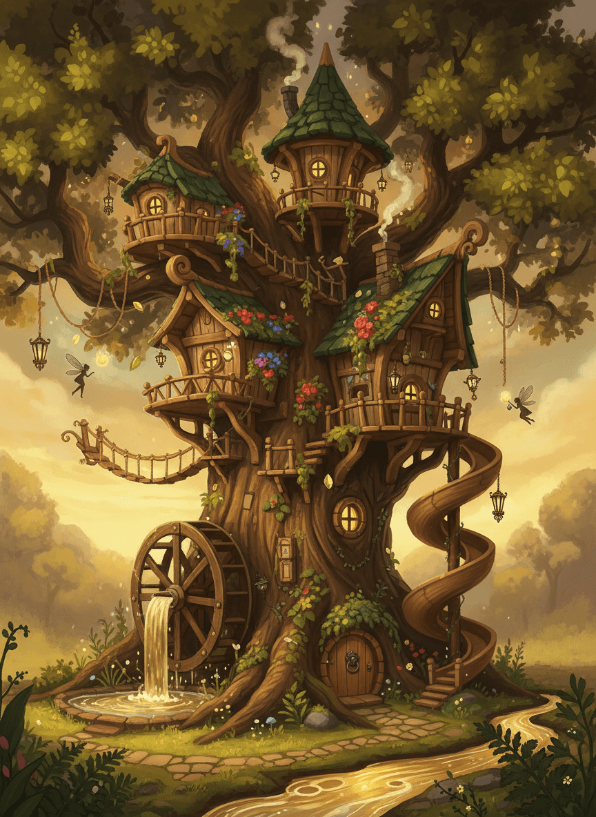 거대한 나무 속에 자리 잡은 나무 위의 집을 그린 동화책 같은 스타일의 일러스트레이션.