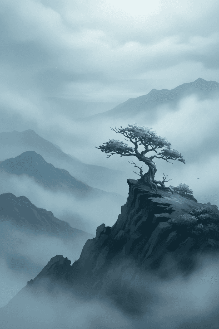 안개 낀 산봉우리 위에 홀로 서 있는 나무의 디지털 풍경 일러스트, 대기 원근법, 차가운 푸른색과 회색 톤.