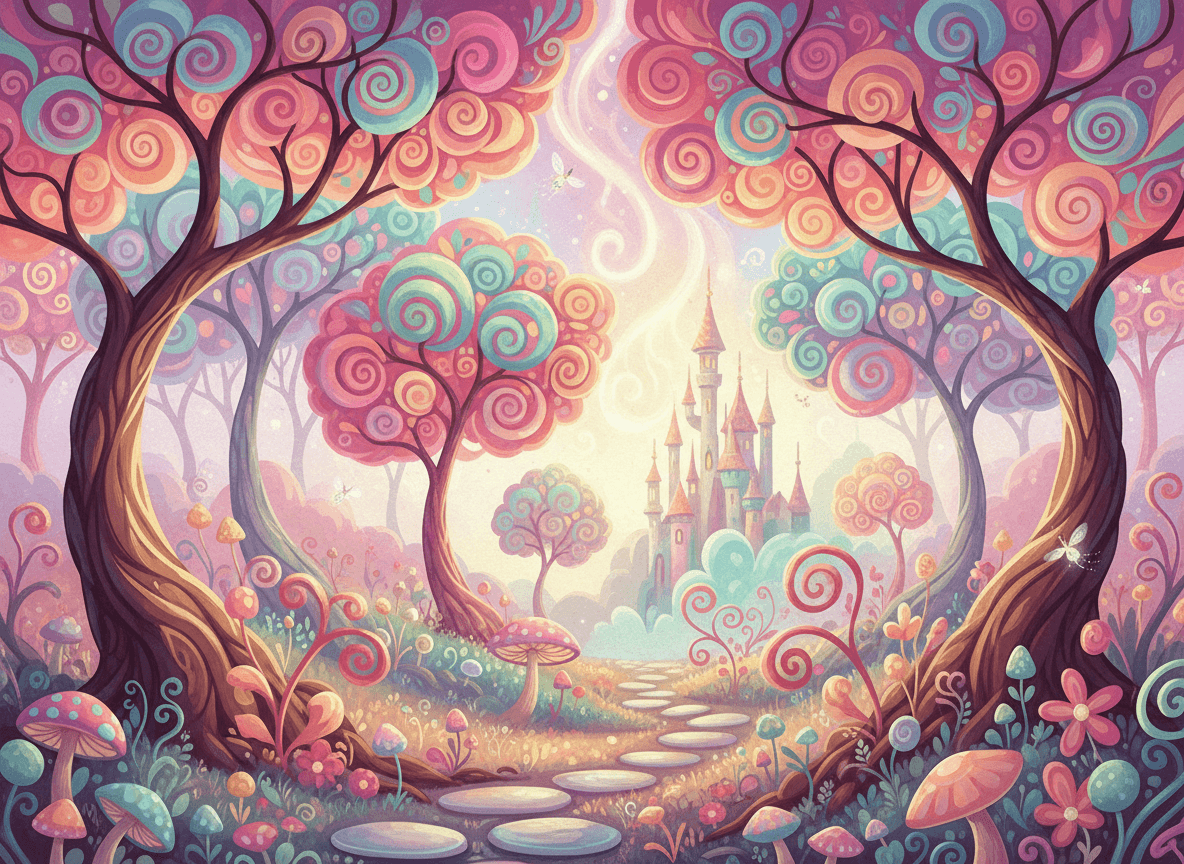 화려하고 소용돌이치는 잎사귀를 가진 스타일리시한 나무들이 파스텔 톤으로 그려진 환상적인 숲 일러스트.