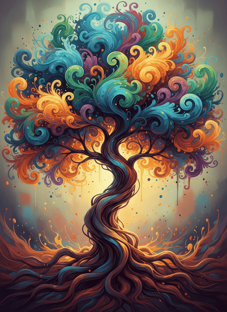 소용돌이치는 색상과 유기적인 형태로 생명력을 표현한 추상적인 나무 일러스트레이션.