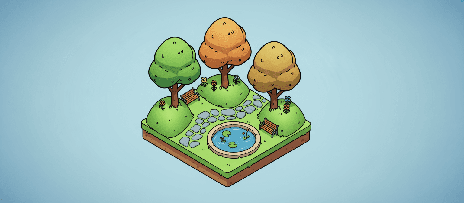 공원 속 작은 나무 무리를 높은 각도에서 바라본 아이소메트릭 디지털 일러스트레이션.