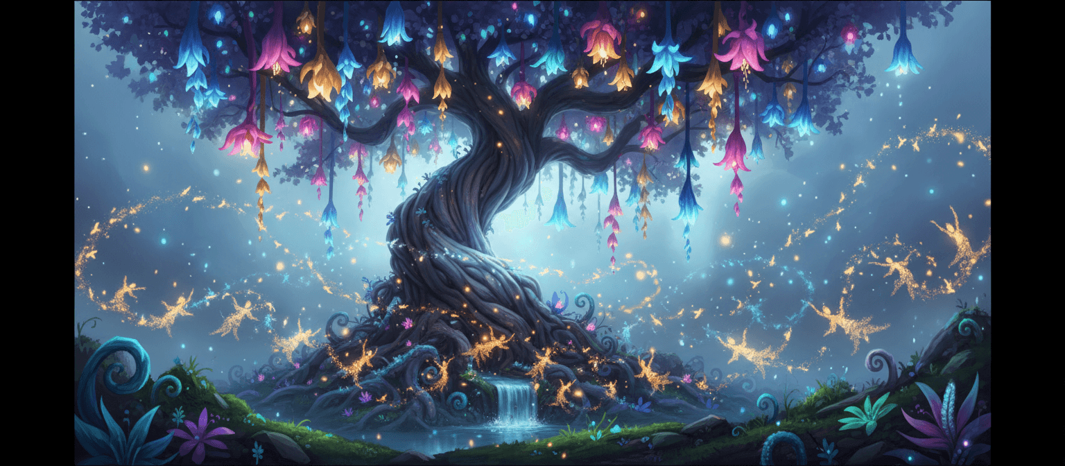 빛나는 꽃을 피운 나무의 환상적인 일러스트.