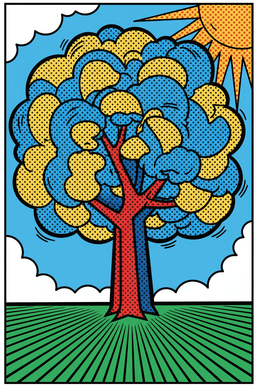 굵은 윤곽선과 밝은 원색을 사용한 팝 아트 스타일의 나무 일러스트레이션.