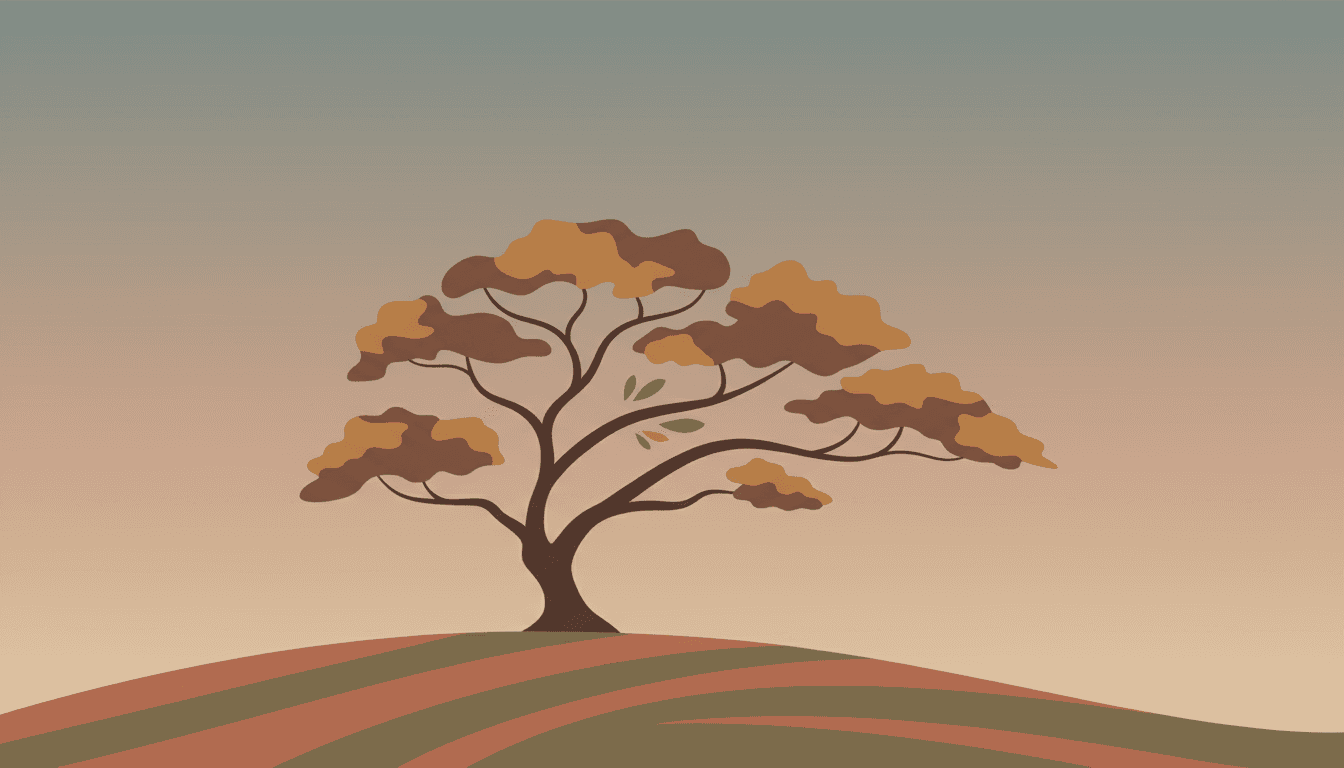 깔끔한 선과 흙색 톤으로 언덕 위에 서 있는 고독한 참나무의 미니멀리스트 디지털 아트 일러스트.