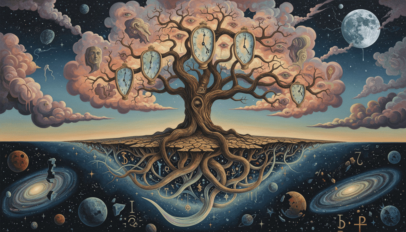 가지는 구름으로, 뿌리는 우주 공간으로 뻗어 나가는 초현실적인 나무 일러스트레이션.