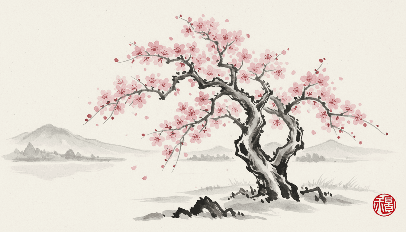 벚꽃나무를 그린 일본식 수묵화 일러스트.
