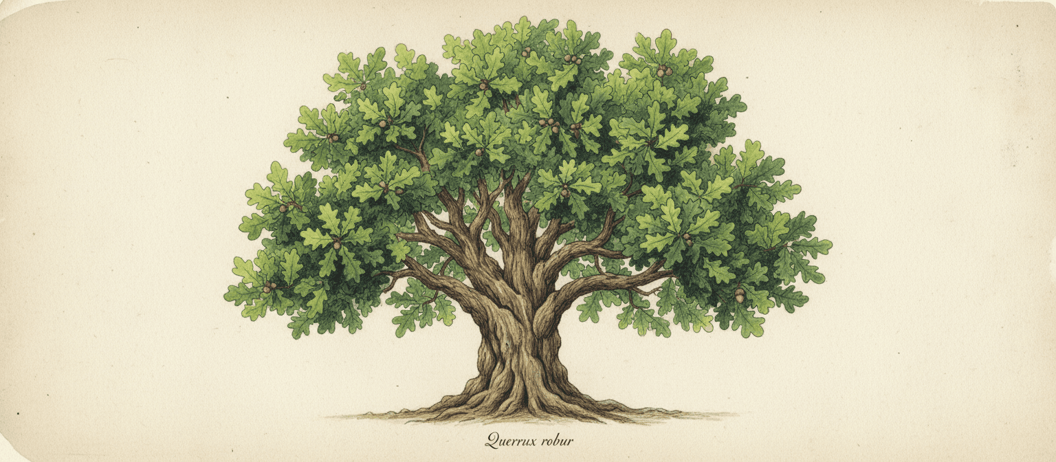 복잡한 나무껍질 질감과 무성한 녹색 잎이 있는 사실적이고 상세한 참나무 일러스트레이션으로, 전통적인 식물 삽화 스타일로 표현되었습니다.