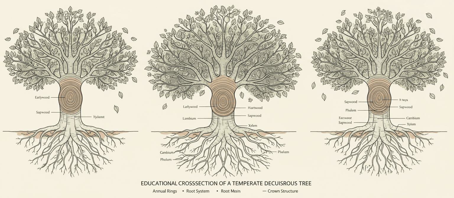 나무 단면의 과학적인 일러스트.